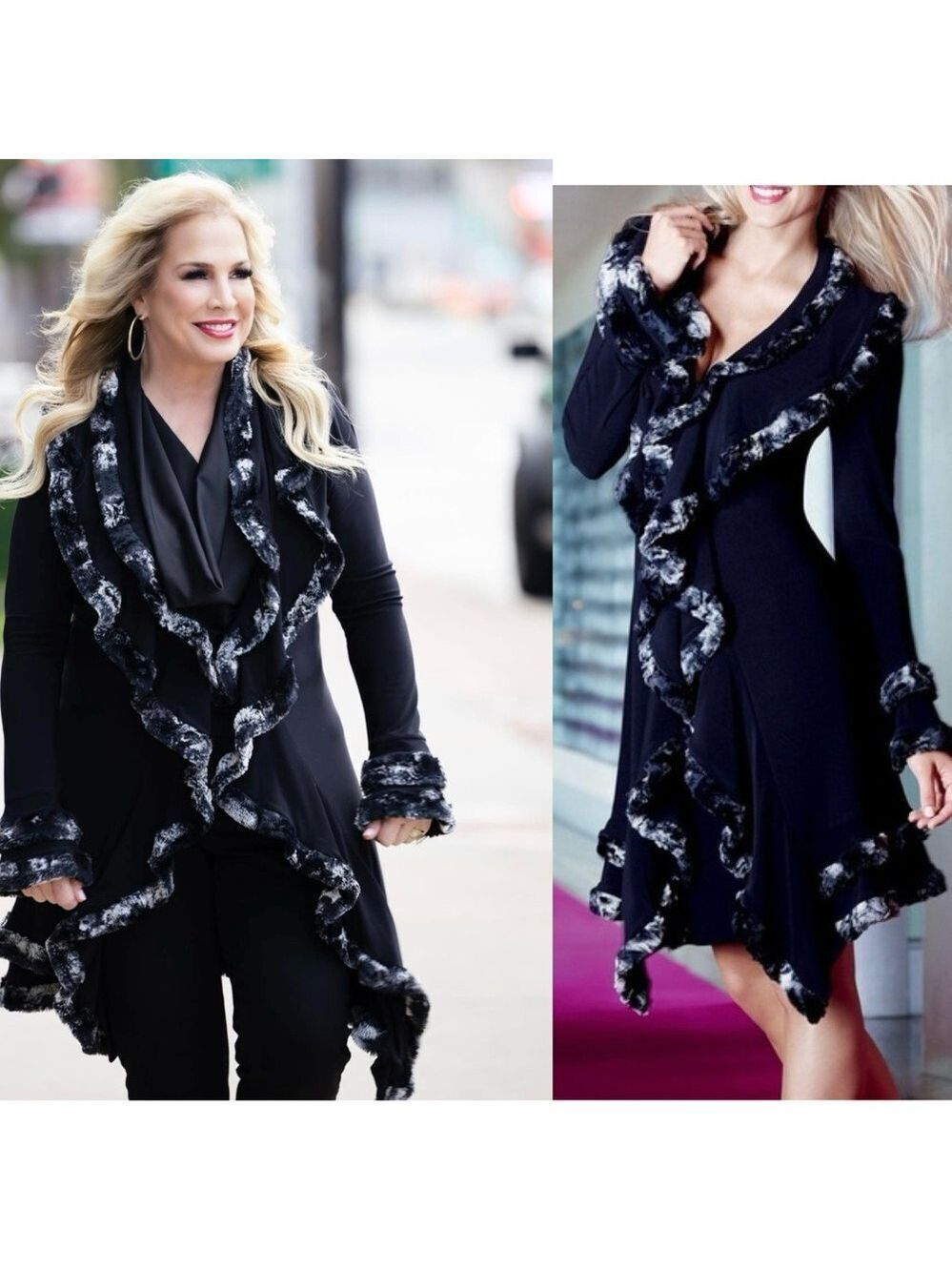 Joseph Ribkoff black ruffle faux fur trim duster cardigan Sz 6 open front - Picture 4 of 14